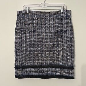 ✨ nwot J.Crew Bouclé Tweed Pencil Skirt Blue Black Fringe Hem Size 12 ✨